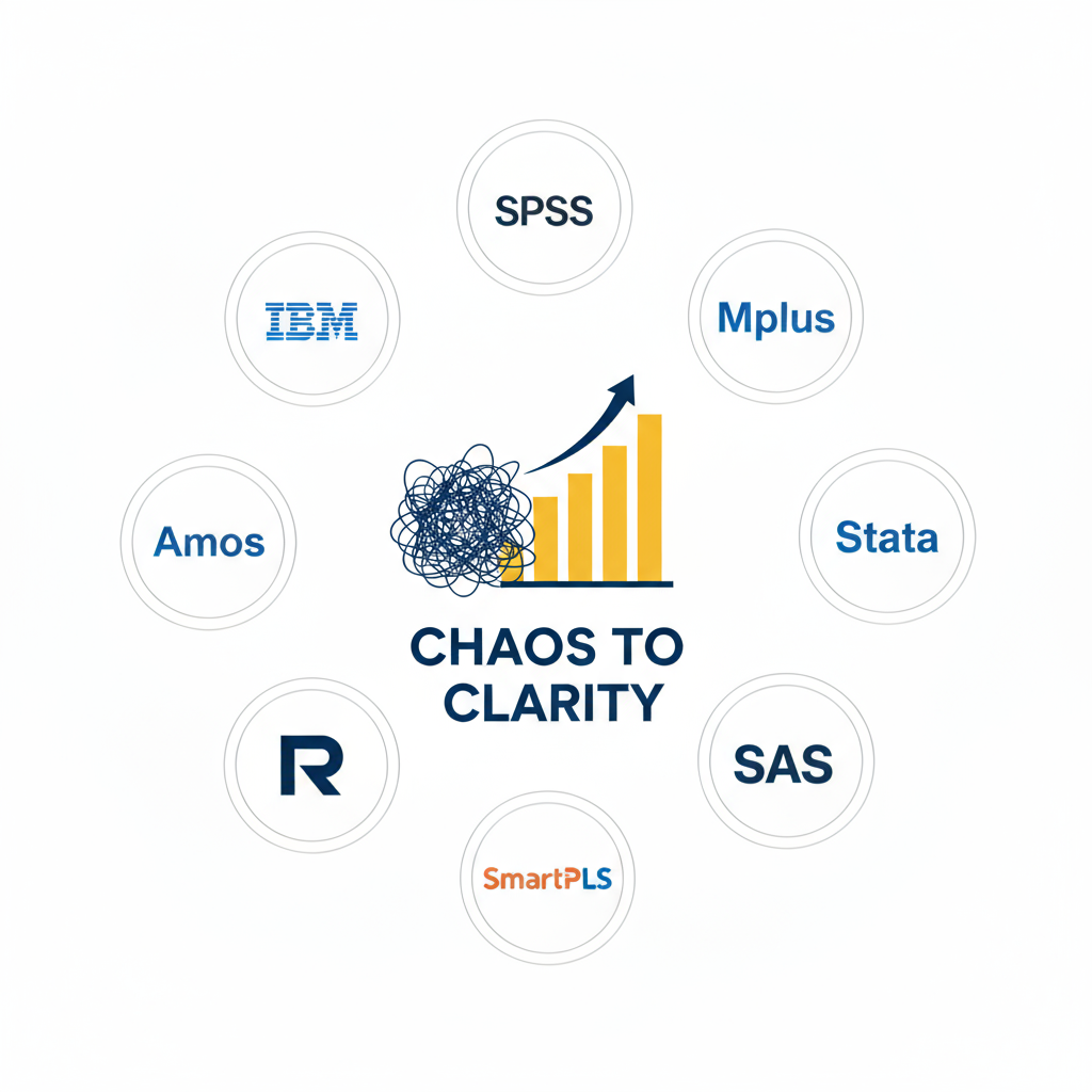 Diagram showing the transition from 'Chaos to Clarity' with a bar chart emerging from a tangled mess, surrounded by icons of statistical software: SPSS, Mplus, Stata, SAS, SmartPLS, R, Amos, and IBM.