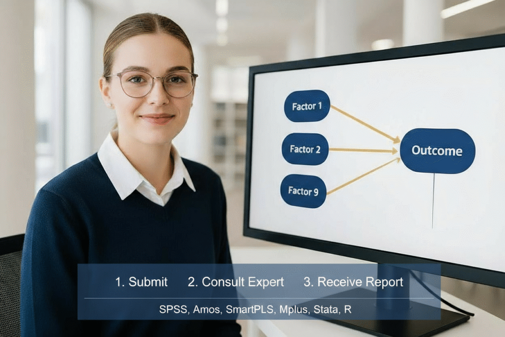 Female PhD student working at a desk with SEM path diagram on computer screen, overlaid with SEM service steps and analytics tool names.